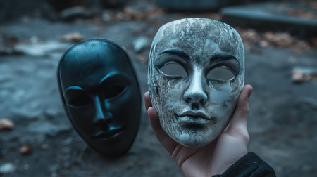 A hand holding a white theater mask in the foreground, with a black mask lying in the blurred backgroundの素材