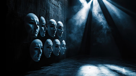 A dramatic composition of black and white masks, with a spotlight casting sharp contrasts on a dark stageの素材