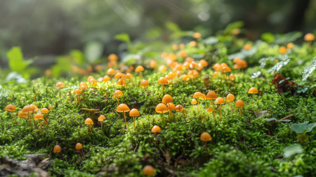 A dense carpet of moss covering the forest floor, with tiny mushrooms sprouting and rays of sunlight streaming through the treesの素材