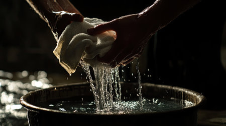 A dramatic shot of hands twisting a saturated towel, with water cascading into a shadowed bucket belowの素材