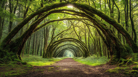 A dense forest scene with moss-covered branches arching overhead, creating a natural canopyの素材