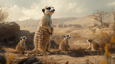 A family of meerkats with one standing upright, looking for danger while the others forage on the groundの素材