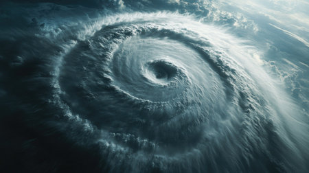 A dramatic view of a super typhoon's eye wall, with intense clouds and winds spiraling violentlyの素材