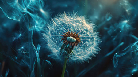 A detailed view of a dandelion head as the wind carries away its delicate seeds.の素材