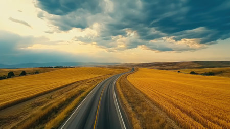 A highway cutting through golden wheat fields under a dramatic sky filled with fluffy white cloudsの素材