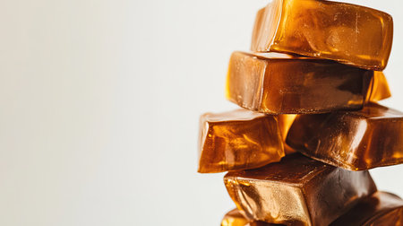 A handful of caramel candies stacked casually, their rich golden tones popping against the white backdrop.の素材