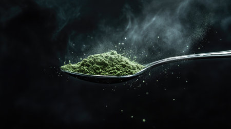 A heaped spoon of matcha powder with fine dust scattered across a smooth black background for a dramatic effectの素材
