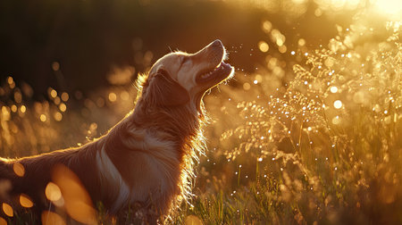 A Golden Retriever playfully biting at water droplets, its fur glistening under the sunの素材