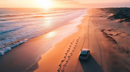 A high-angle shot of a car parked on a beach road, with footprints in the sand leading to the waves under a blazing sunset.の素材