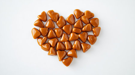 A heart-shaped arrangement of caramel candies, their shiny texture glowing against the white surface.の素材