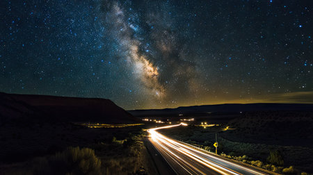 A highway lit by streetlights at night, with car trails creating streaks of light under a starry skyの素材