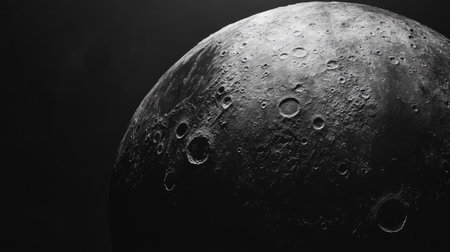 A high-resolution close-up of the moon, revealing its craters and textures against a jet-black skyの素材