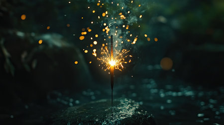 A handheld sparkler glowing brilliantly, with sparks cascading downward in the nightの素材
