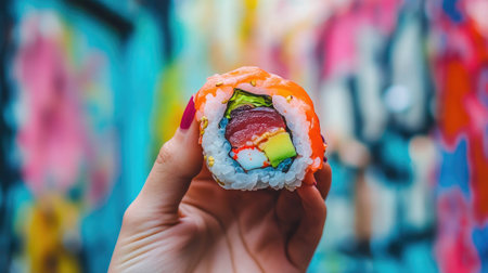 A hand lifting a sushi roll against a colorful, blurred Japanese mural background.の素材