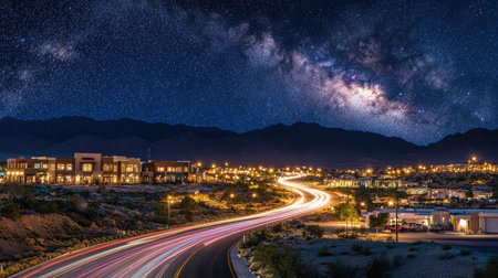 A highway lit by streetlights at night, with car trails creating streaks of light under a starry skyの素材