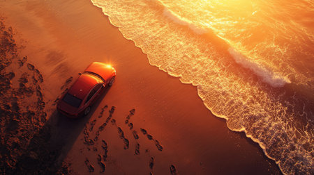 A high-angle shot of a car parked on a beach road, with footprints in the sand leading to the waves under a blazing sunset.の素材