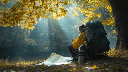A hiker with a backpack resting under a tree, with a map spread out on the ground and sunlight filtering through the leaves.の素材