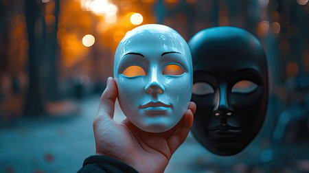 A hand holding a white theater mask in the foreground, with a black mask lying in the blurred backgroundの素材