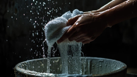 A dramatic shot of hands twisting a saturated towel, with water cascading into a shadowed bucket belowの素材