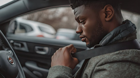 A man fastening his seatbelt inside a modern car, with his hand firmly gripping the buckle and the dashboard visible in the backgroundの素材