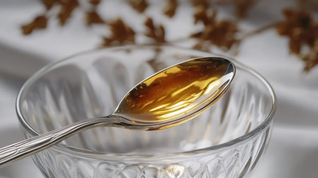 A metal spoon filled with honey resting on the rim of a clear glass teacup with herbal tea leaves in the backgroundの素材