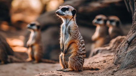 A meerkat standing with its group visible in the background, blending into the dry, earthy colors of its environmentの素材