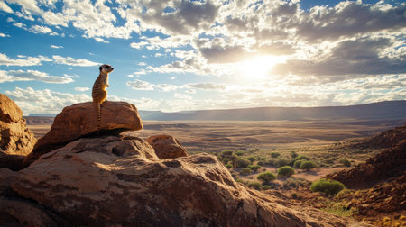 A meerkat sentinel perched on a rock formation, scanning for predators under a partly cloudy skyの素材