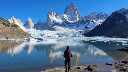 A hiker with a backpack standing at the edge of a glacial lake, surrounded by ice and towering peaks under a clear sky.の素材