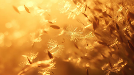 A macro shot of dandelion seeds caught mid-flight, illuminated by soft morning light.の素材