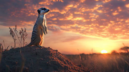 A meerkat on watch, standing upright on a termite mound as the wind ruffles its fur, under a vibrant skyの素材