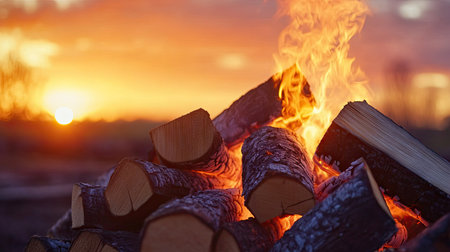 A pile of firewood burning fiercely under a vibrant orange sky at sunset.の素材