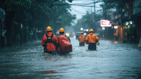 A rescue team navigating a flooded street during a super typhoon, with rain pouring and winds howlingの素材