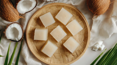 A minimalist shot of coconut jelly squares on a bamboo plate, surrounded by fresh coconut pieces and pandan leavesの素材