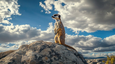 A meerkat sentinel perched on a rock formation, scanning for predators under a partly cloudy skyの素材