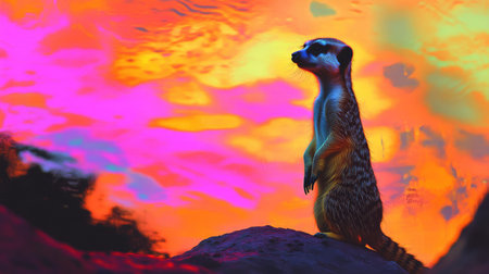 A meerkat on lookout duty, standing tall with a cautious expression, framed by the vibrant colors of sunsetの素材