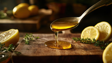 A metal spoon filled with golden honey dripping onto a wooden cutting board, surrounded by fresh lemon slices and herbsの素材