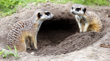 A meerkat pair, one standing on lookout while the other digs in the dirt, in an open fieldの素材
