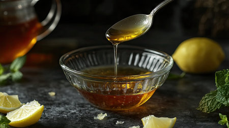 A metal spoon of honey dripping into a glass bowl of tea, with lemon wedges and mint leaves surrounding the setupの素材