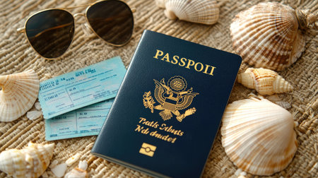 A passport and airplane tickets on a tropical-themed surface, with seashells and a pair of sunglasses nearbyの素材