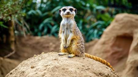 A meerkat sentinel standing alert on a mound of dirt, keeping watch over its group against a desert backdropの素材
