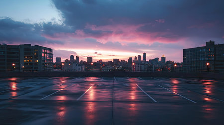 A rooftop parking deck at dusk, with dim lights casting a warm glow and a vibrant city skyline in the distanceの素材