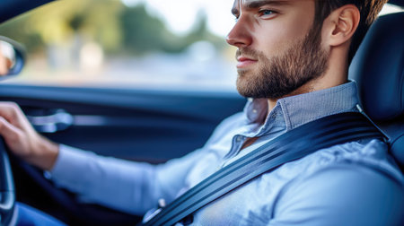 A man in a sports car pulling the seatbelt strap across his chest, with the car's sleek interior on displayの素材