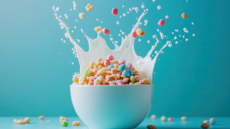 A playful shot of a bowl of children's cereal, with milk splashes and a bright blue table backdrop.の素材