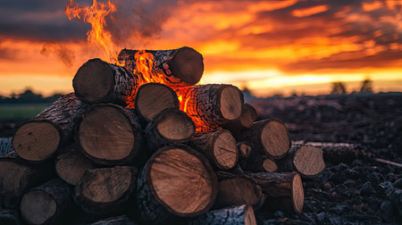 A pile of firewood burning fiercely under a vibrant orange sky at sunset.の素材