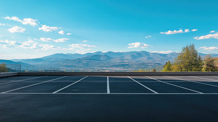 A rooftop parking space with clean asphalt, safety barriers, and a stunning mountain range visible in the distance under a sunny skyの素材