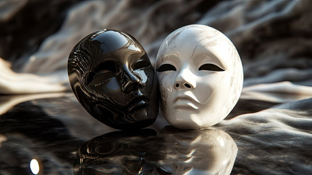 A set of white and black drama masks placed on a reflective surface with moody lighting and abstract shadowsの素材