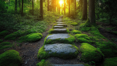 A quiet forest path lined with moss-covered rocks, leading into the heart of a dense woodland under soft lightの素材