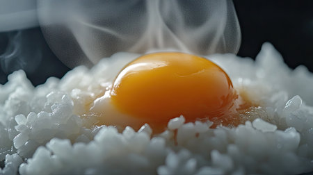 A salted egg yolk resting on a bed of white rice, with steam rising and the texture of the yolk visibleの素材