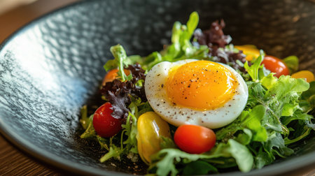 A salted egg yolk served alongside a fresh salad, adding a bold and colorful touch to the greensの素材