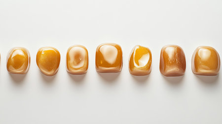 A row of golden caramel candies in varying sizes, perfectly aligned on a white background.の素材